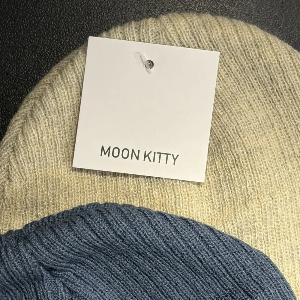 Moon Kitty Rib‎ Knit Cuffed Beanie Hat Blue Oatmeal Winter Cap Unisex 2 Pk Small
